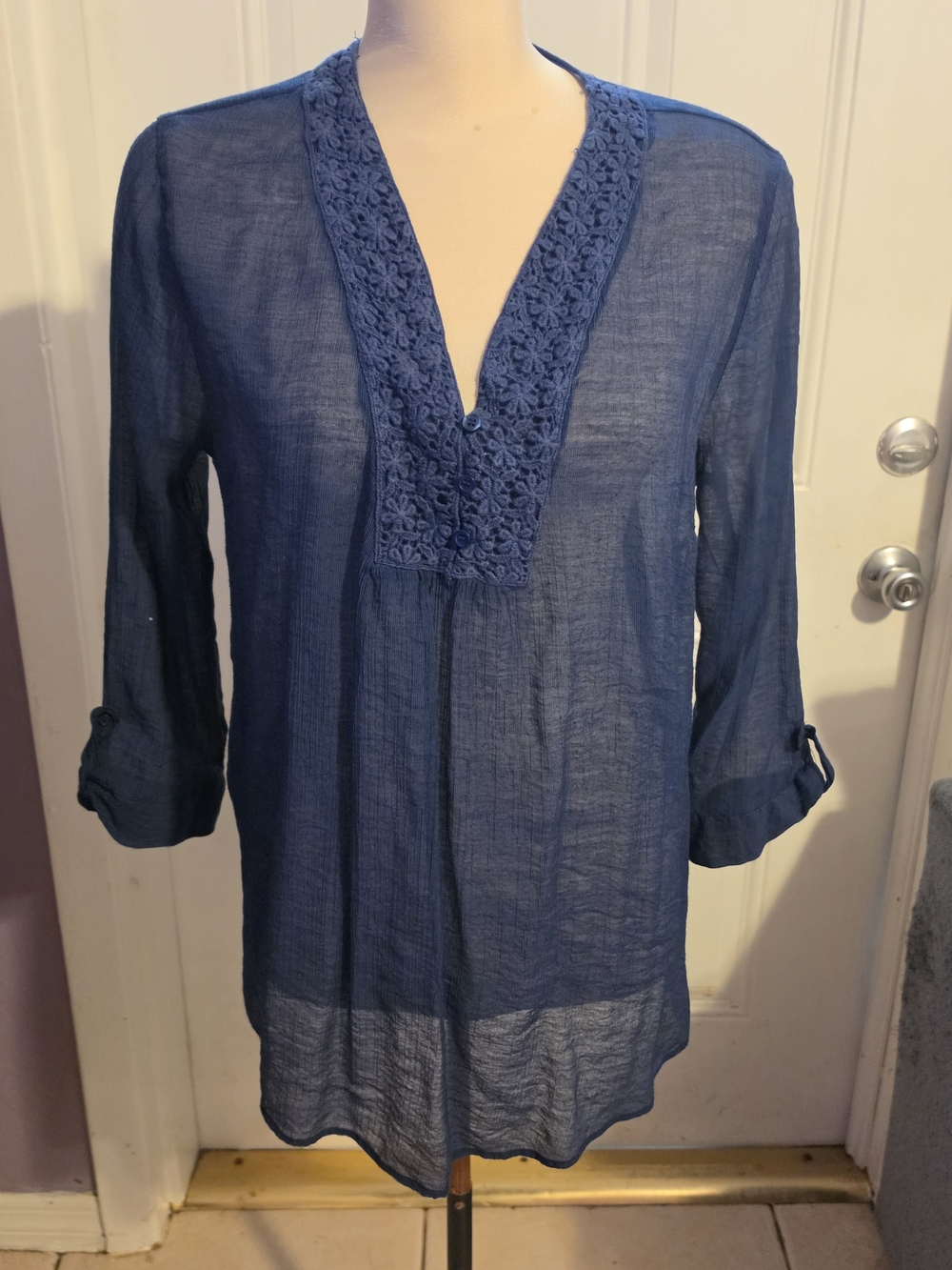 grand & greene Navy Crochet V-Neck Tunic